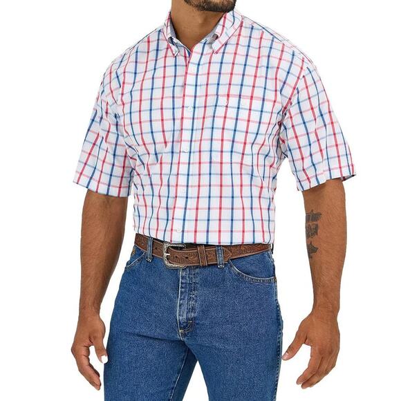 Wrangler Red Blue Plaid Cowboy Cut Button Down Shirt Men's - Picture 1 of 10